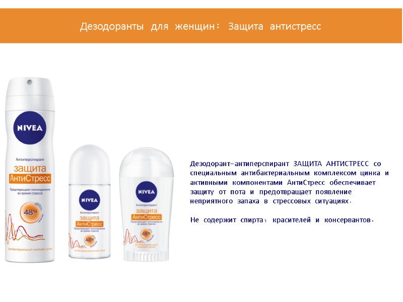 Дезодорант-антиперспирант ЗАЩИТА АНТИСТРЕСС со специальным антибактериальным комплексом цинка и активными компонентами АнтиСтресс обеспечивает защиту